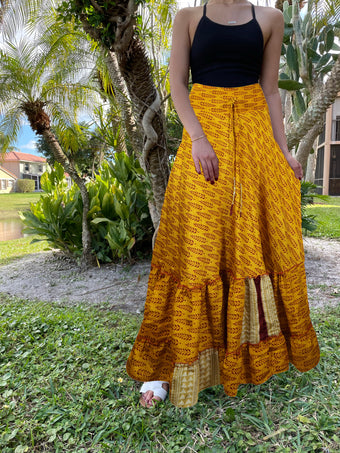 Womens Gold Yellow Floral Beach Maxi Skirt Tiered Ruffle Boho Skirt ML