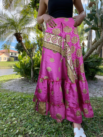 Summer Neon Pink Beach Maxi Skirt Patchwork Boho Skirt Dress M/L