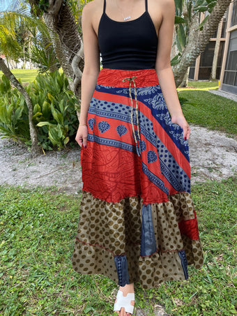 Womens Red, Blue Floral Beach Maxi Skirt Tiered Ruffle Boho Skirt ML