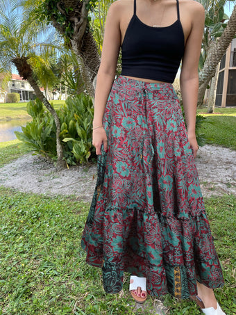 Womens Pine Green Red Floral Beach Maxi Skirt Tiered Ruffle Boho Skirt ML
