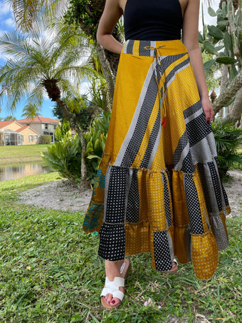 Summer Yellow Dot Print Beach Maxi Skirt Patchwork Boho Skirt Dress M/L