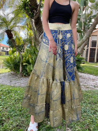 Womens Blue, Beige Floral Beach Maxi Skirt Tiered Ruffle Boho Skirt ML