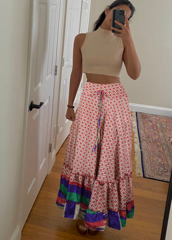 Summer Pink Beach Maxi Skirt Patchwork Boho Skirt Dress M/L