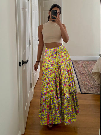 Summer Pickle Green Floral Beach Maxi Skirt Patchwork Boho Skirt Dress M/L