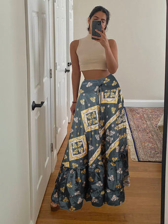 Summer Nevada Gray Floral Beach Maxi Skirt Patchwork Boho Skirt Dress M/L