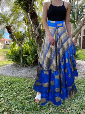 Womens Neon Blue Stylish Beach Maxi Skirt Tiered Ruffle Boho Skirt ML