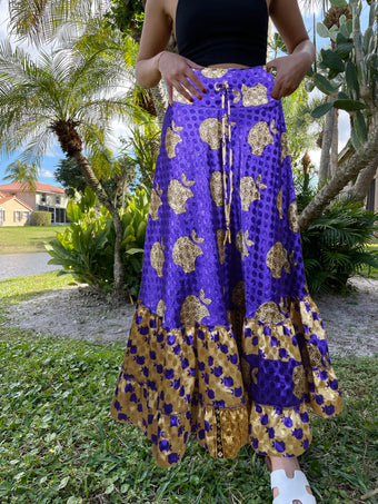 Summer Spanish Purple Beach Maxi Skirt Patchwork Boho Skirt Dress M/L