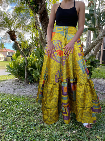 Summer Yellow Multi Print Beach Maxi Skirt Patchwork Boho Skirt Dress M/L