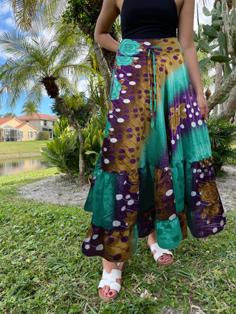 Womens Sea Green Floral Beach Maxi Skirt Tiered Ruffle Boho Skirt ML