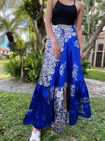 Womens Cobalt Blue Stylish Beach Maxi Skirt Tiered Ruffle Boho Skirt ML