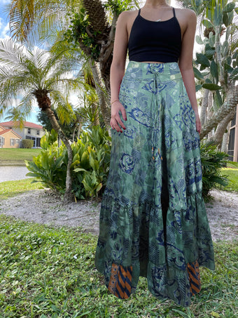 Womens Ocean Blue Floral Beach Maxi Skirt Tiered Ruffle Boho Skirt ML