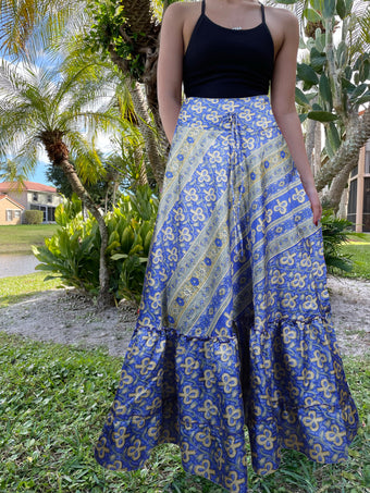 Womens Violet Blue Floral Beach Maxi Skirt Tiered Ruffle Boho Skirt ML