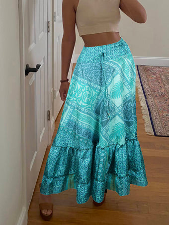 Summer Sky Blue Floral Beach Maxi Skirt Patchwork Boho Skirt Dress M/L