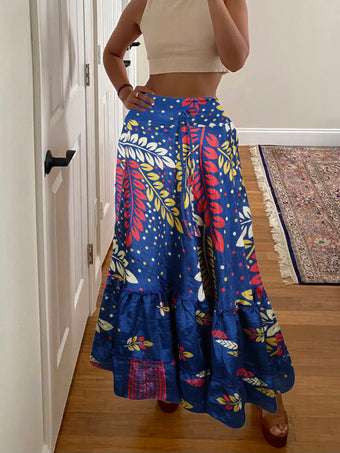 Womens Cobalt Blue Stylish Beach Maxi Skirt Tiered Ruffle Boho Skirt ML