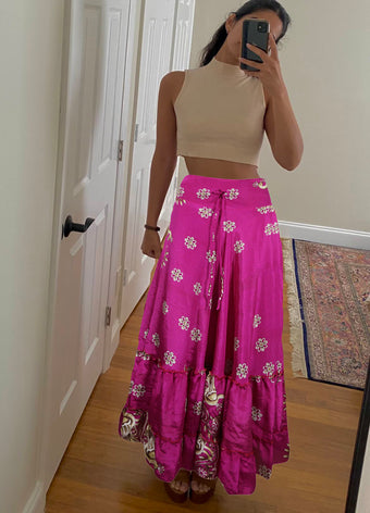 Summer Magenta Pink Floral Beach Maxi Skirt Patchwork Boho Skirt Dress M/L