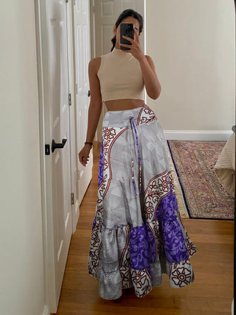 Womens Gray, Purple Stylish Beach Maxi Skirt Tiered Ruffle Boho Skirt ML