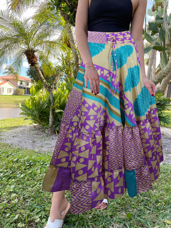 Womens Purple Stylish Beach Maxi Skirt Tiered Ruffle Boho Skirt ML