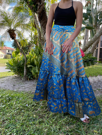 Womens Lapis Blue Floral Beach Maxi Skirt Tiered Ruffle Boho Skirt ML