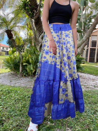 Summer Blue Floral Beach Maxi Skirt Patchwork Boho Skirt Dress M/L