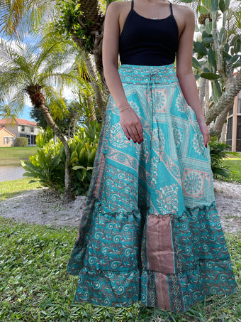 Womens Sapphire Blue Floral Beach Maxi Skirt Tiered Stylish Boho Skirt ML