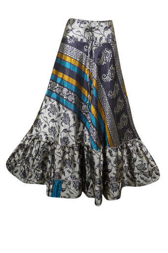 Boho Summer Maxi Skirts for Women Gray Flowy Handmade Skirt ML