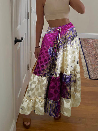 Maxi Skirt Purple, White Floral Skirt Tiered Woman's Boho Skirt ML