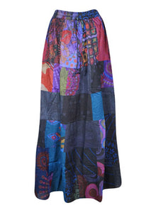  Womens Boho Maxi Skirt, Mixed Blue Patchwork Skirt, Beach, Summer, Cotton Skirts SM