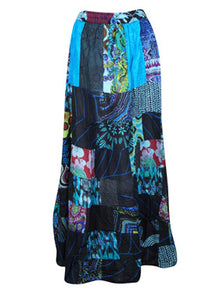  Womens Beach Maxi Skirt, Blue Summer Skirt, Gujarati Patchwork Gypsy Skirts, S/M