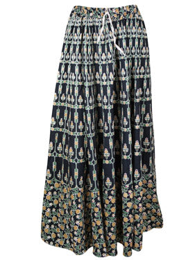 Womens Maxi Skirt, Floral Printed Flared Long Skirts, Black Cotton Skirts S/M