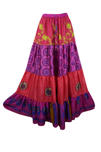 Womens Hot Pink Floral Beach Long Skirt Patchwork Boho Skirts S/M