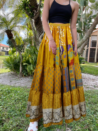 Womens Medallion Yellow Beach Maxi Skirt Patchwork Boho Skirts S/M