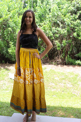 Womens Corn Yellow Beach Maxi Skirt Patchwork Boho Stylish Skirts S/M