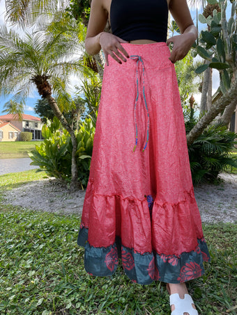 Summer Pink Floral Beach Maxi Skirt Tiered Ruffle Boho Skirt ML