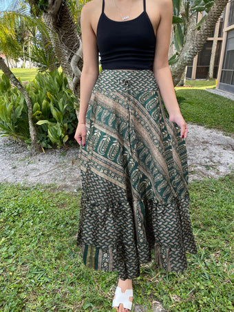 Womens Dark Green Floral Beach Maxi Skirt Tiered Ruffle Boho Skirt ML