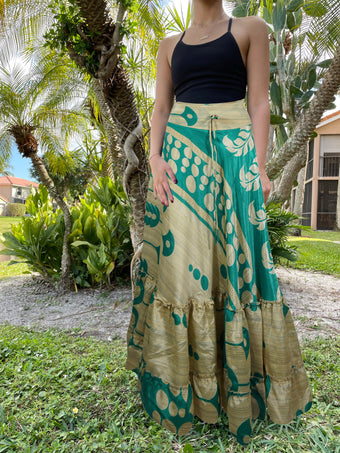 Maxi Skirts for Women Beige Green Stylish Maxi Skirt Tiered Ruffle Boho Skirt ML