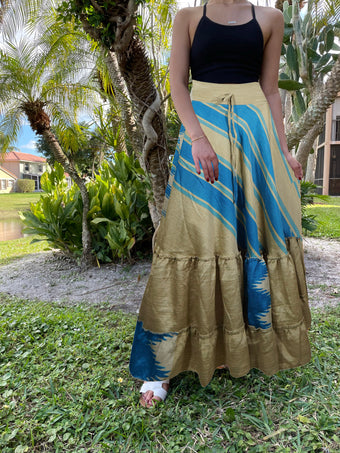 Womens Beige Blue Stylish Beach Maxi Skirt Tiered Ruffle Boho Skirt ML