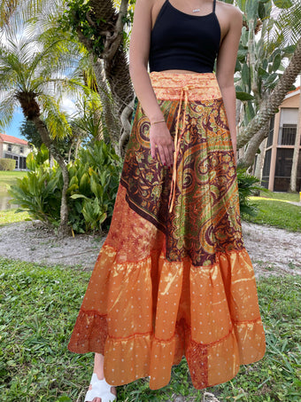Maxi Skirt Tangerine Orange Floral Skirt Woman's Tiered Boho Skirt ML
