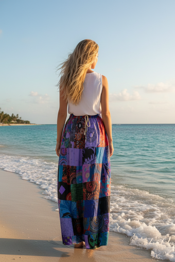 Handmade Blue & Purple Floral Patchwork Boho Maxi Skirt – Free-Spirited Gypsy Style S/M/L