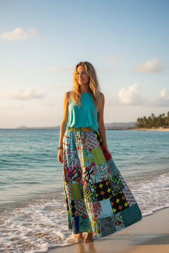 Handmade Light Sea Green Patchwork Boho Maxi Skirt – Vibrant, Flowy & Free-Spirited S/M/L