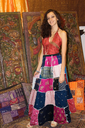 Womens Beach Maxi Skirt Pink Patchwork Skirts Retro Festive Hippie Skirts S/M