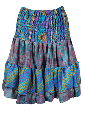 Womens Summer Ruched Skirt Tufts Blue Floral Beach Recycle Silk Skirts S/M