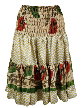 Womens Summer Ruched Skirt Beige Green Floral Beach Recycle Silk Skirts S/M