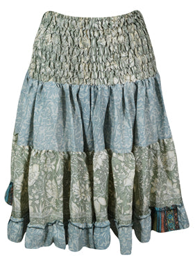 Summer Ruched Skirt Light Blue ,Green Floral Beach Recycle Silk Skirts S/M
