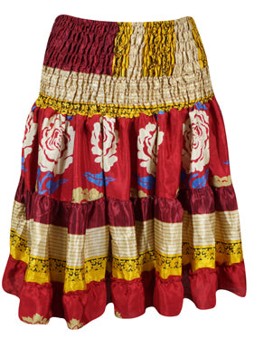 Women Summer Elastic Skirt, Red Beach Recycle Silk Skirts S/M