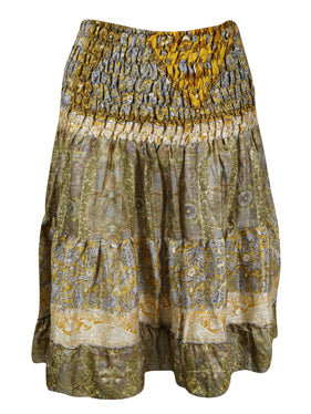 Womens Summer Ruched Skirt Olive Green Beach Recycle Silk Skirts S/M