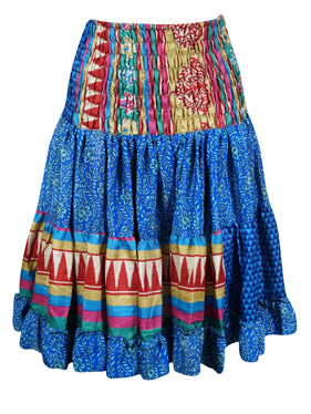 Womens Summer Ruched Skirt Steel Blue Beach Recycle Silk Skirts S/M
