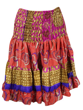 Women Summer Elastic Skirt, Rose Red Beach Recycle Silk Skirts S/M