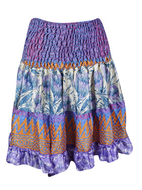 Womens Summer Ruched Skirt Purple Floral Beach Recycle Silk Skirts S/M