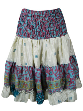 Summer Ruched Skirt Purple, White Floral Beach Recycle Silk Skirts S/M