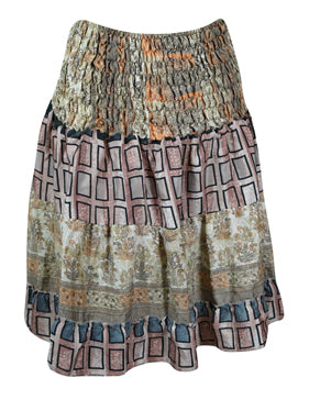 Womens Summer Ruched Skirt Beige Beach Recycle Silk Skirts S/M